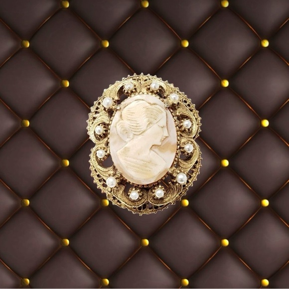 Vintage Cameo Brooch Signed FLORENZA Shell Pin Pendant 1.5\" Estate from Italy - Picture 1 of 16